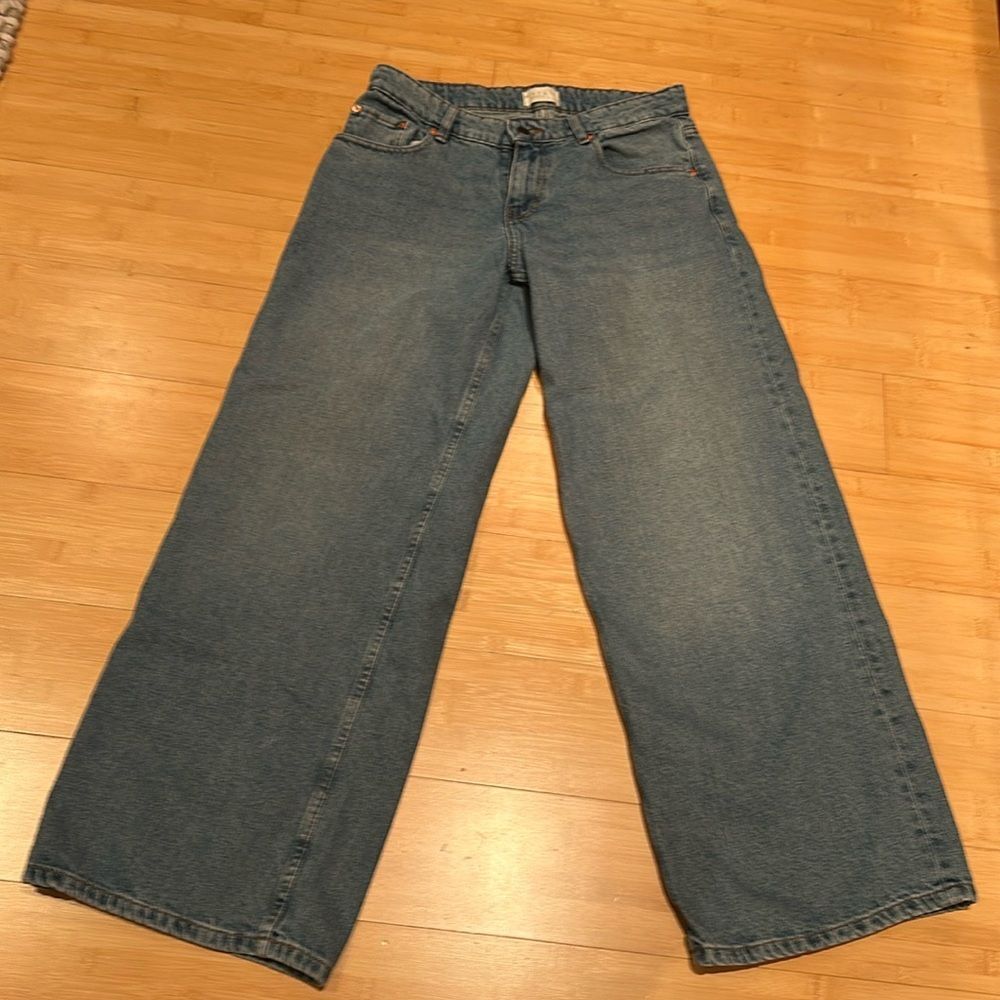 Motel Rocks Wide Leg Flare Jeans in Medium Blue